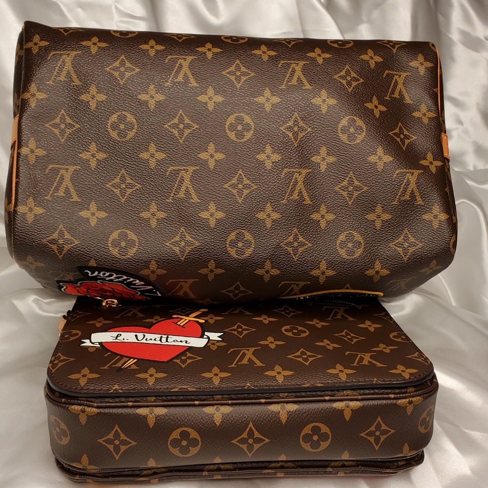 Louis Vuitton Brown and Red Satchel with Monogram and Patches - Picture 5 of 7
